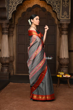 Parampara ~ Elegant Pure Cotton Saree in Timeless Grey with Zari Border & Pallu - verymuchindian.com