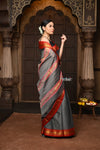 Parampara ~ Elegant Pure Cotton Saree in Timeless Grey with Zari Border & Pallu - verymuchindian.com