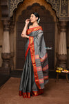 Parampara ~ Elegant Pure Cotton Saree in Timeless Grey with Zari Border & Pallu - verymuchindian.com