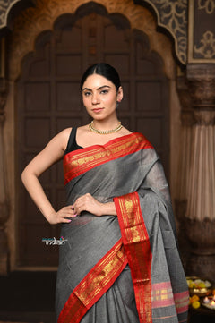 Parampara ~ Elegant Pure Cotton Saree in Timeless Grey with Zari Border & Pallu - verymuchindian.com