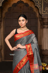 Parampara ~ Elegant Pure Cotton Saree in Timeless Grey with Zari Border & Pallu - verymuchindian.com