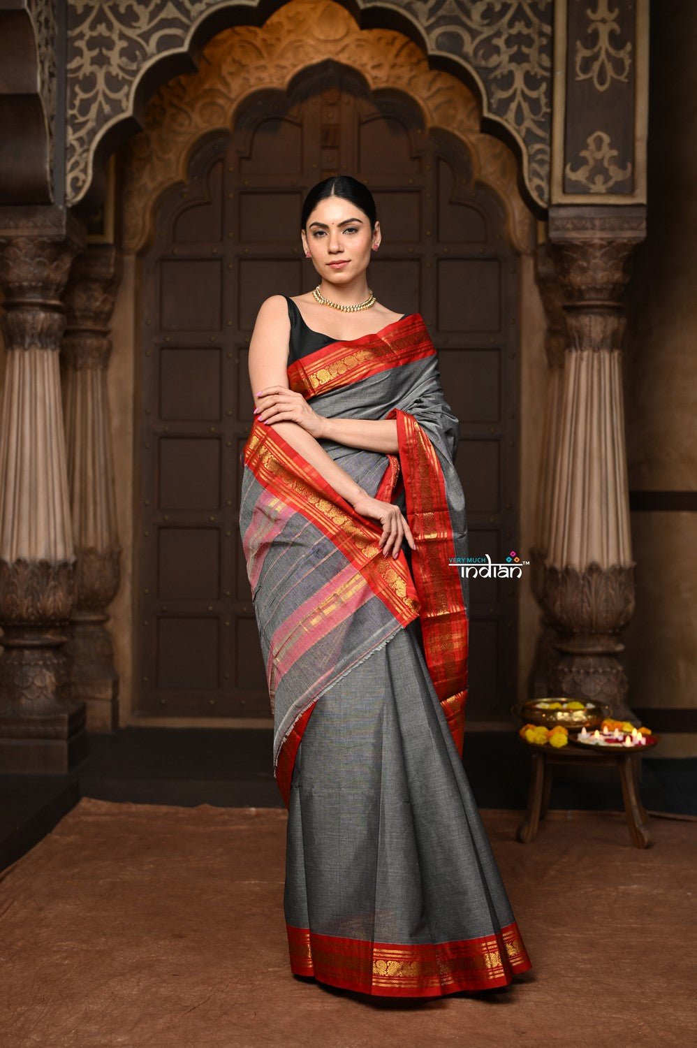 Parampara ~ Elegant Pure Cotton Saree in Timeless Grey with Zari Border & Pallu - verymuchindian.com