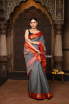 Parampara ~ Elegant Pure Cotton Saree in Timeless Grey with Zari Border & Pallu - verymuchindian.com