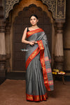 Parampara ~ Elegant Pure Cotton Saree in Timeless Grey with Zari Border & Pallu - verymuchindian.com