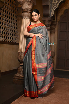 Parampara ~ Elegant Pure Cotton Saree in Timeless Grey with Zari Border & Pallu - verymuchindian.com