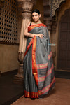 Parampara ~ Elegant Pure Cotton Saree in Timeless Grey with Zari Border & Pallu - verymuchindian.com