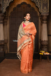 Parampara ~ Elegant Sunset Glow Cotton Viscose Saree with Exquisite Hand-Painted Madhubani Art - verymuchindian.com