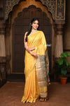 Parampara ~ Elegant Sunset Yellow Cotton Viscose Saree with Exquisite Hand-Painted Madhubani Art - verymuchindian.com