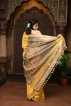 Parampara ~ Elegant Sunset Yellow Cotton Viscose Saree with Exquisite Hand-Painted Madhubani Art - verymuchindian.com