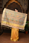 Parampara ~ Elegant Sunset Yellow Cotton Viscose Saree with Exquisite Hand-Painted Madhubani Art - verymuchindian.com
