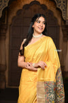 Parampara ~ Elegant Sunset Yellow Cotton Viscose Saree with Exquisite Hand-Painted Madhubani Art - verymuchindian.com