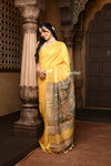 Parampara ~ Elegant Sunset Yellow Cotton Viscose Saree with Exquisite Hand-Painted Madhubani Art - verymuchindian.com