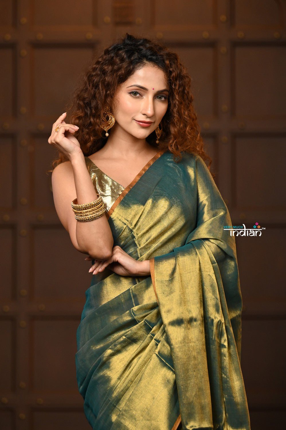 Parampara ~ Exclusive Handloom Pure Tissue Cotton Saree in Green Gold - verymuchindian.com