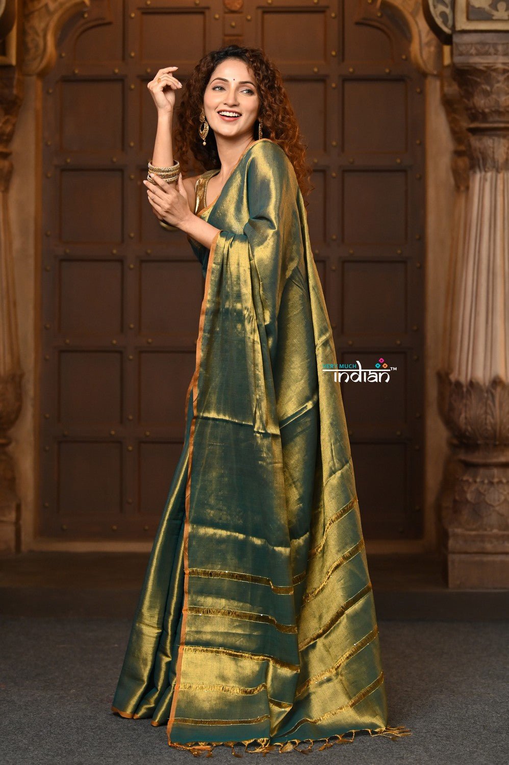 Parampara ~ Exclusive Handloom Pure Tissue Cotton Saree in Green Gold - verymuchindian.com