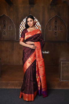 Parampara ~ Exclusive Pure Silk Muniya Asawali Border Paithani in Wine - verymuchindian.com
