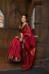 Parampara ~ Handloom Cotton Silk Saree with Golden Border in Exclusive Wine - verymuchindian.com