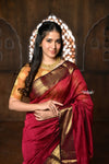 Parampara ~ Handloom Cotton Silk Saree with Golden Border in Exclusive Wine - verymuchindian.com