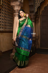 Parampara ~ Handloom Cotton Silk Saree with Golden Border in Green with Contrast Blue Pallu - verymuchindian.com