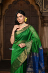 Parampara ~ Handloom Cotton Silk Saree with Golden Border in Green with Contrast Blue Pallu - verymuchindian.com