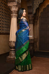 Parampara ~ Handloom Cotton Silk Saree with Golden Border in Green with Contrast Blue Pallu - verymuchindian.com