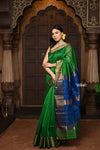 Parampara ~ Handloom Cotton Silk Saree with Golden Border in Green with Contrast Blue Pallu - verymuchindian.com