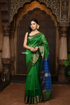 Parampara ~ Handloom Cotton Silk Saree with Golden Border in Green with Contrast Blue Pallu - verymuchindian.com