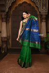 Parampara ~ Handloom Cotton Silk Saree with Golden Border in Green with Contrast Blue Pallu - verymuchindian.com
