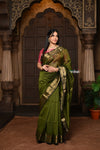 Parampara ~ Handloom Cotton Silk Saree with Golden Border in Mehendi Green - verymuchindian.com