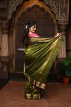 Parampara ~ Handloom Cotton Silk Saree with Golden Border in Mehendi Green - verymuchindian.com