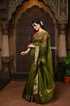 Parampara ~ Handloom Cotton Silk Saree with Golden Border in Mehendi Green - verymuchindian.com