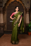 Parampara ~ Handloom Cotton Silk Saree with Golden Border in Mehendi Green - verymuchindian.com