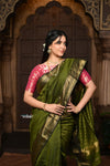 Parampara ~ Handloom Cotton Silk Saree with Golden Border in Mehendi Green - verymuchindian.com