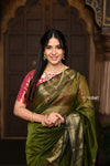 Parampara ~ Handloom Cotton Silk Saree with Golden Border in Mehendi Green - verymuchindian.com