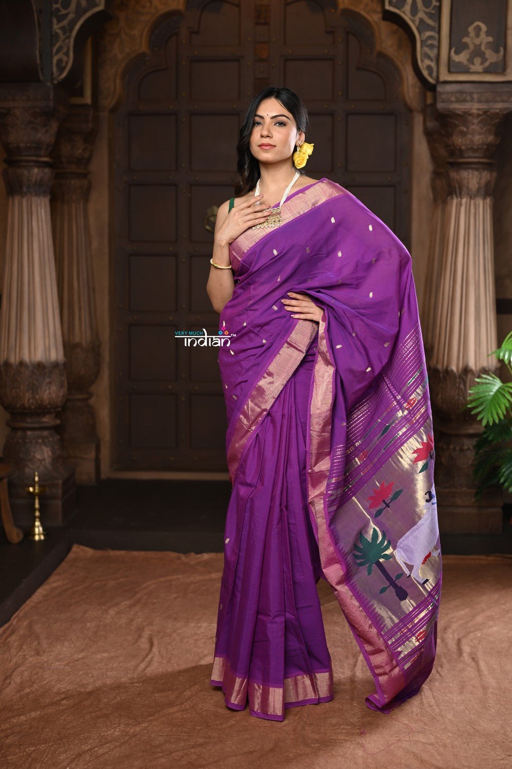 Parampara ~ Handloom Pure Cotton Paithani Saree with Exclusive Pichwai Pallu in Plum Purple - verymuchindian.com