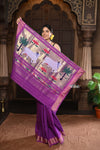 Parampara ~ Handloom Pure Cotton Paithani Saree with Exclusive Pichwai Pallu in Plum Purple - verymuchindian.com