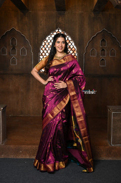 Parampara ~ Handloom Pure Silk Maharani Paithani with Majestic Maharani Pallu in Wine - verymuchindian.com
