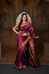 Parampara ~ Handloom Pure Silk Maharani Paithani with Majestic Maharani Pallu in Wine - verymuchindian.com