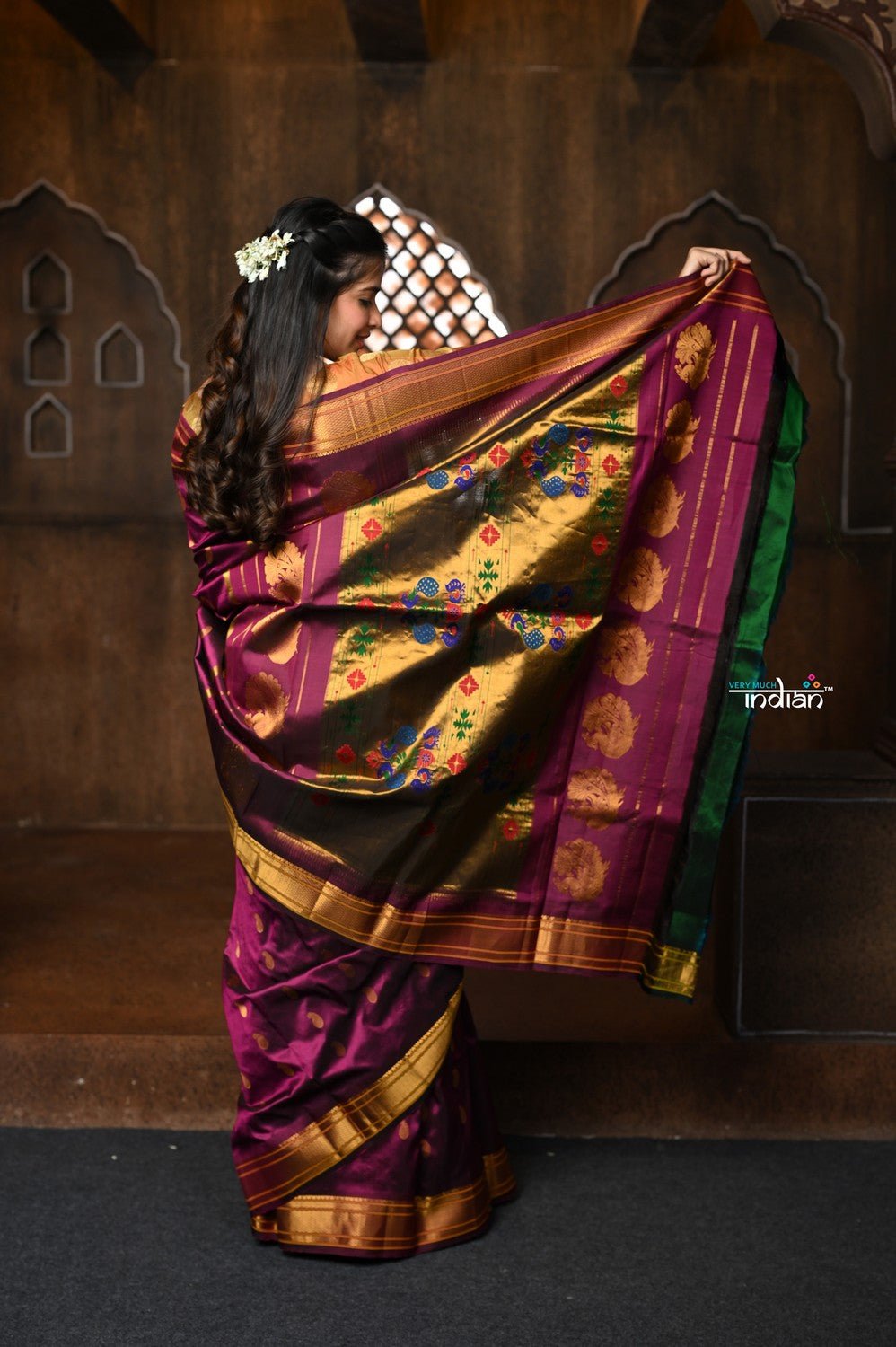 Parampara ~ Handloom Pure Silk Maharani Paithani with Majestic Maharani Pallu in Wine - verymuchindian.com