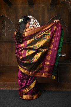 Parampara ~ Handloom Pure Silk Maharani Paithani with Majestic Maharani Pallu in Wine - verymuchindian.com