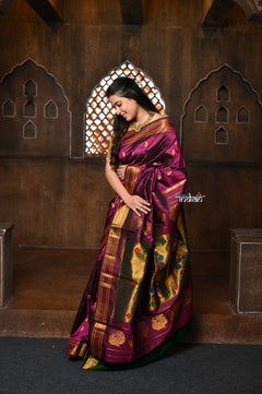 Parampara ~ Handloom Pure Silk Maharani Paithani with Majestic Maharani Pallu in Wine - verymuchindian.com