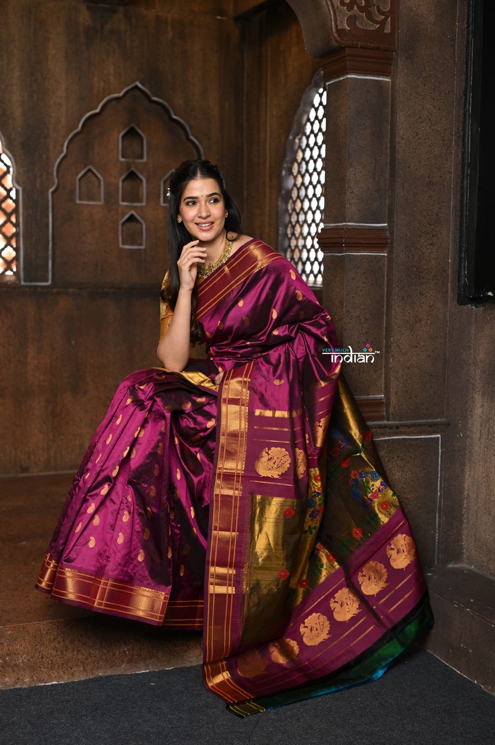 Parampara ~ Handloom Pure Silk Maharani Paithani with Majestic Maharani Pallu in Wine - verymuchindian.com