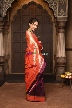 Parampara ~ Handloom Pure Silk Muniya Border Paithani Saree with Exclusive Parrot Pallu in Beautiful Plum Wine - verymuchindian.com