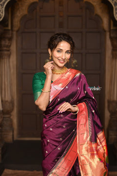Parampara ~ Handloom Pure Silk Muniya Border Paithani Saree with Exclusive Parrot Pallu in Beautiful Plum Wine - verymuchindian.com