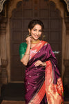 Parampara ~ Handloom Pure Silk Muniya Border Paithani Saree with Exclusive Parrot Pallu in Beautiful Plum Wine - verymuchindian.com