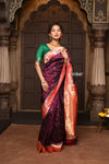 Parampara ~ Handloom Pure Silk Muniya Border Paithani Saree with Exclusive Parrot Pallu in Beautiful Plum Wine - verymuchindian.com