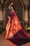 Parampara ~ Handloom Pure Silk Muniya Border Paithani Saree with Exclusive Parrot Pallu in Beautiful Plum Wine - verymuchindian.com