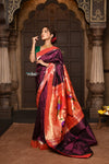 Parampara ~ Handloom Pure Silk Muniya Border Paithani Saree with Exclusive Parrot Pallu in Beautiful Plum Wine - verymuchindian.com