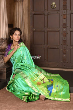 Parampara ~ Handloom Pure Silk Paithani Saree with Timeless Peacock Pallu in Pastel Green - verymuchindian.com