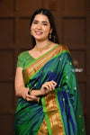 Parampara ~ Handloom Pure Silk Paithani Saree with Traditional Double Pallu in Dual Tone Blue Green - verymuchindian.com