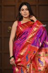 Parampara ~ Handloom Pure Silk Paithani Saree with Traditional Peacock Lotus Pallu ~ Delight Pink - verymuchindian.com